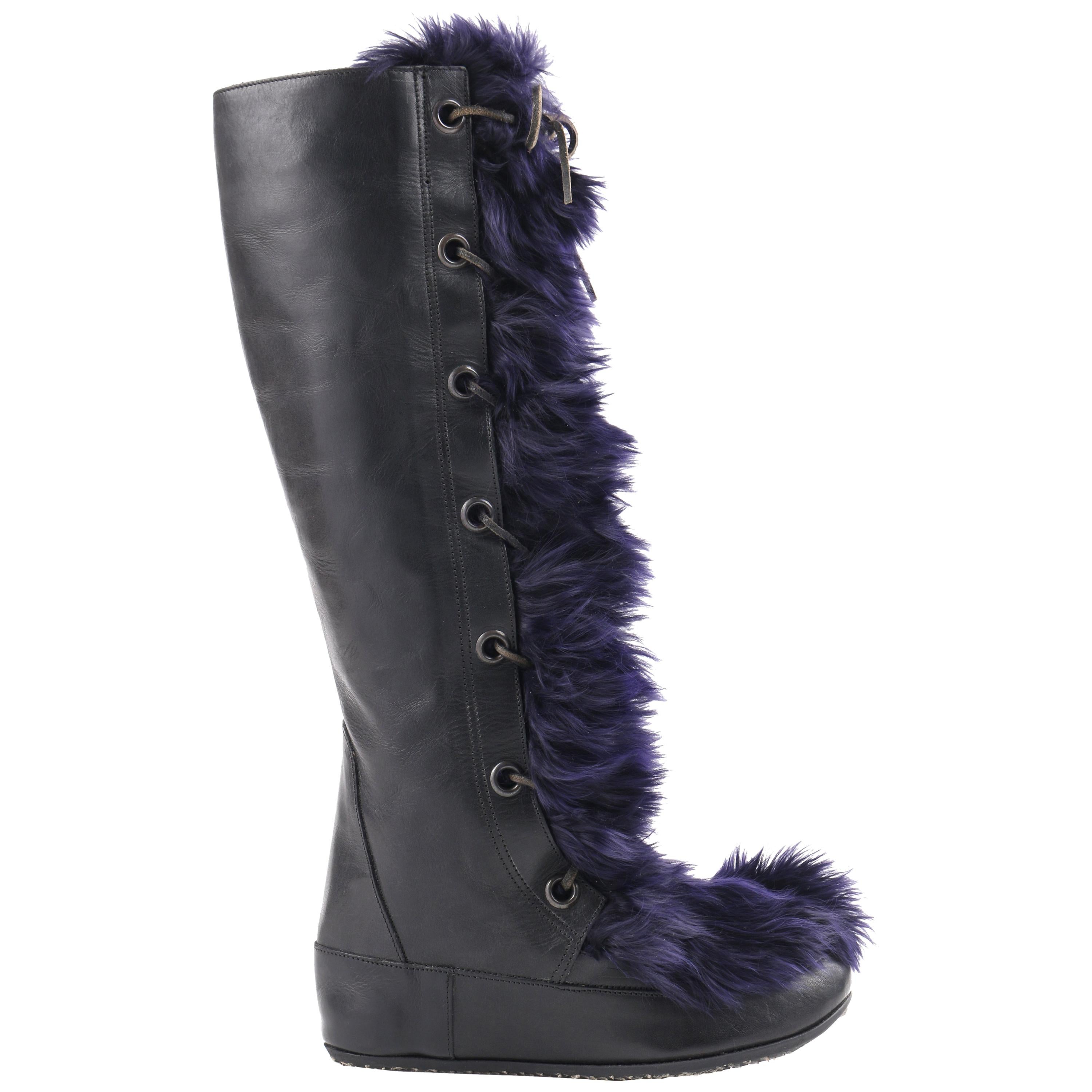 MARNI Black Leather & Navy Blue Angora Fur Lace Up Knee-High Apres Boots