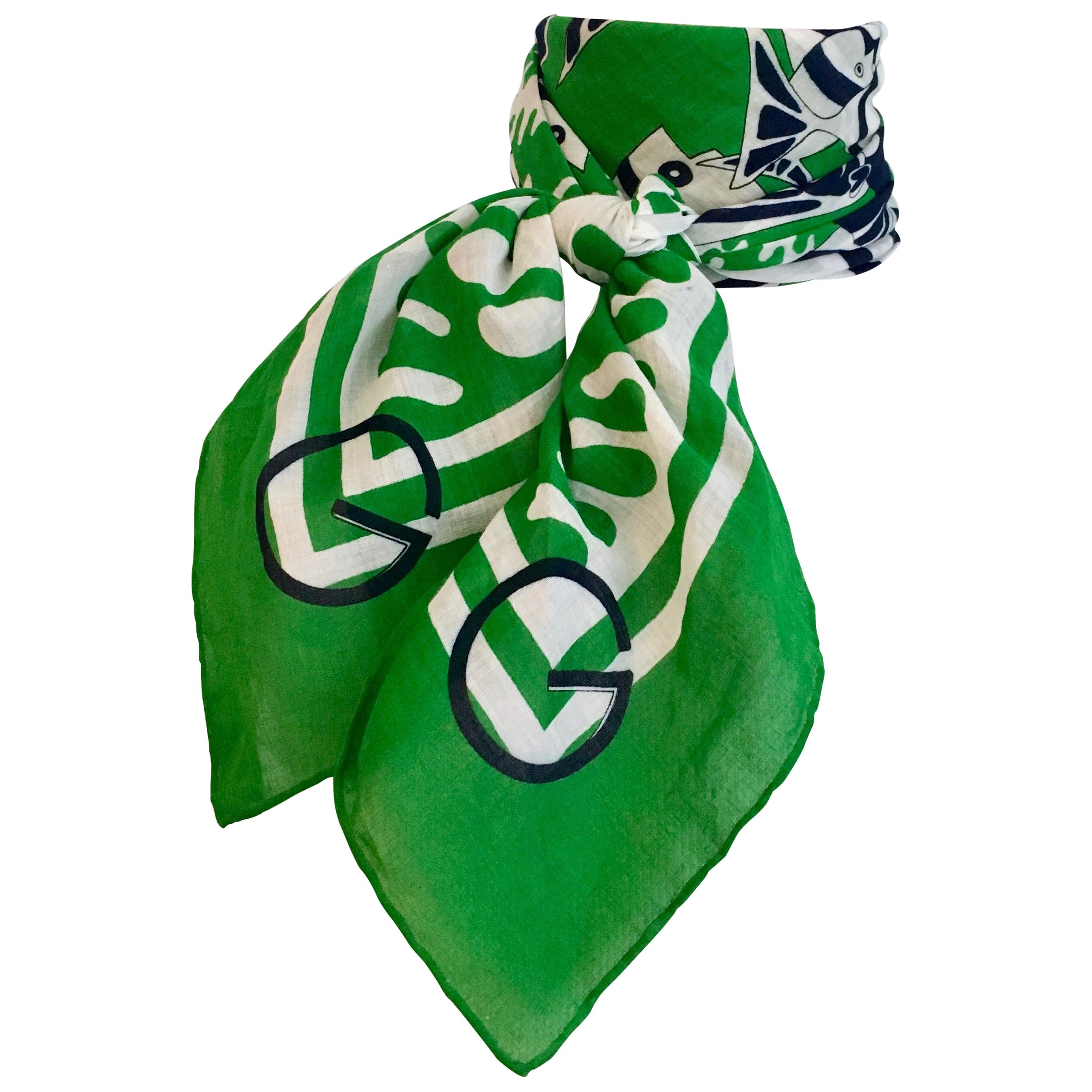 1970s Gucci Green Cotton Scarf with Fish Print