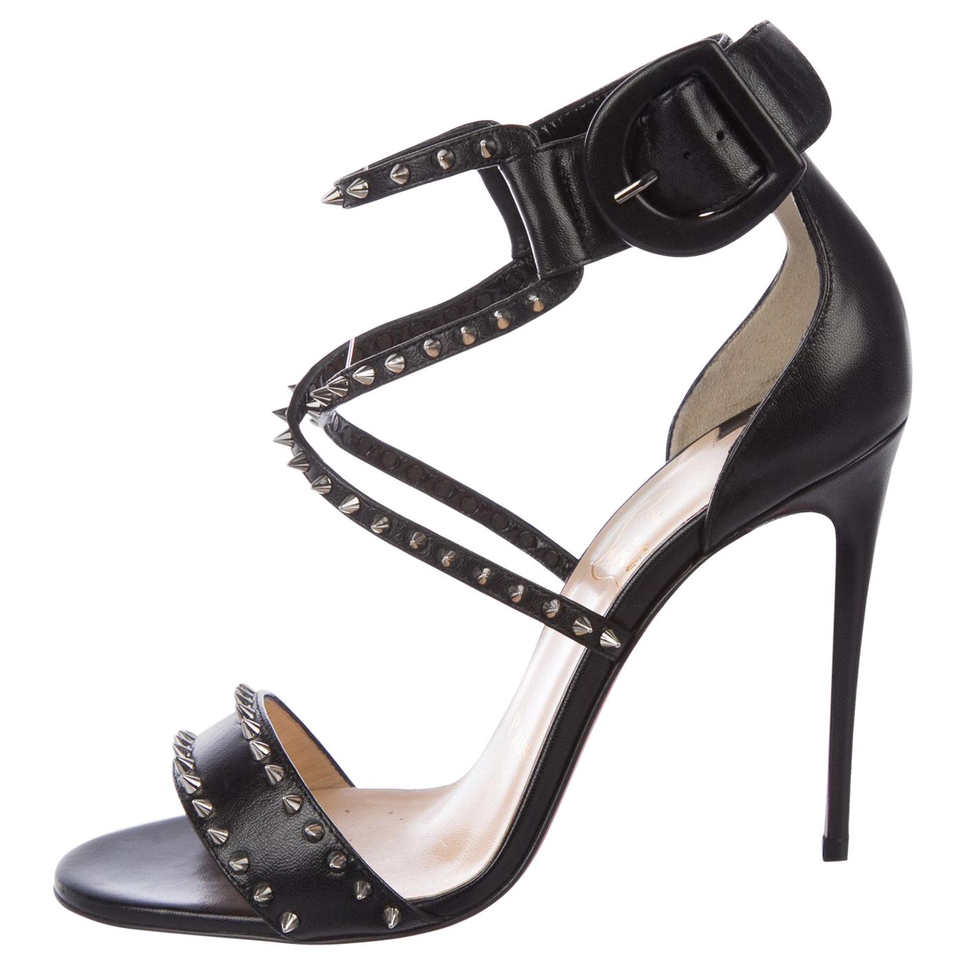 Christian Louboutin NEW Black Leather Silver Spike Evening Sandals Heels