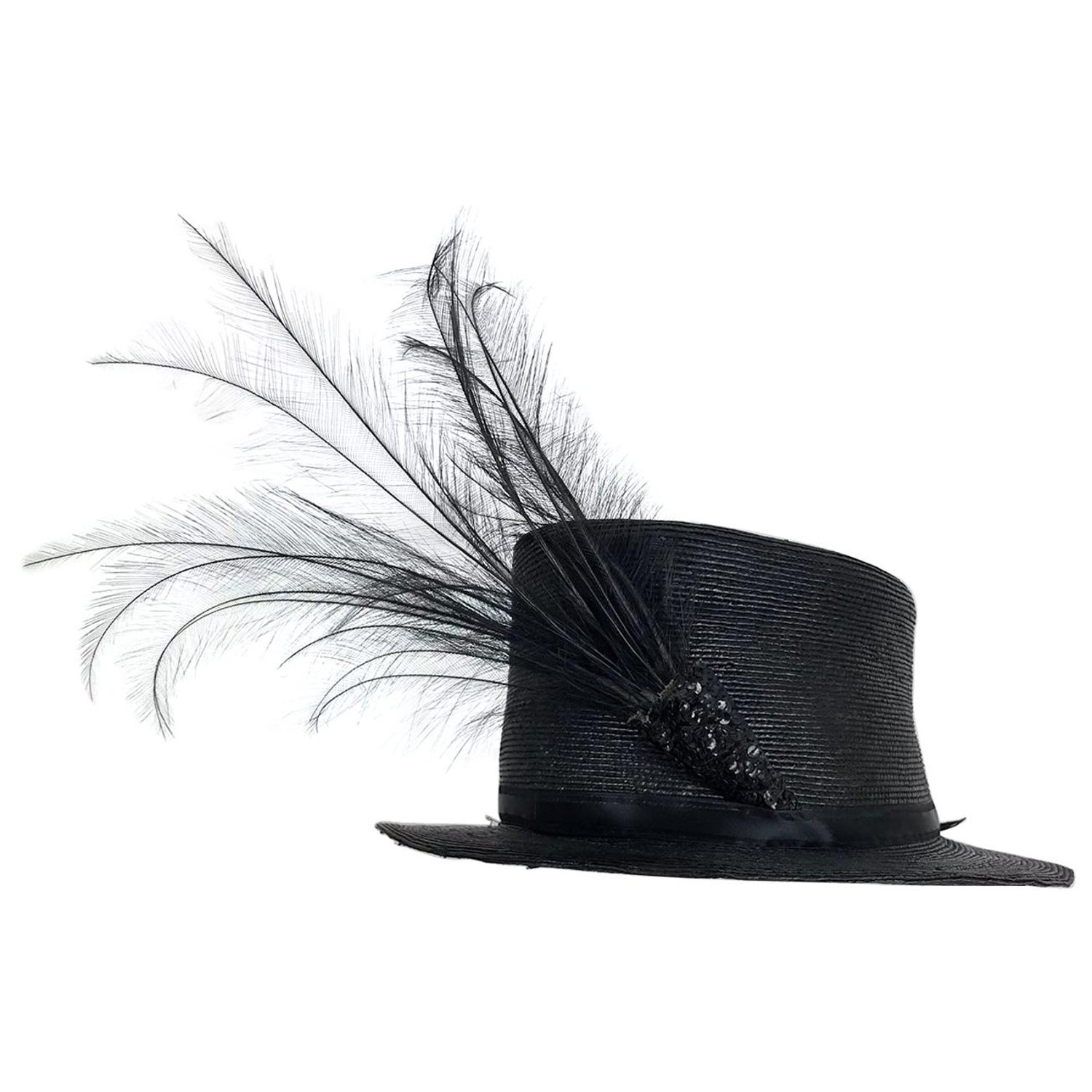 Chapeau de paille noir édouardien émaillé avec plumes d'oiseau du paradis  En vente sur 1stDibs