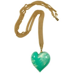 Vintage Kenneth Jay Lane 1970s Green Heart Pendant Necklace