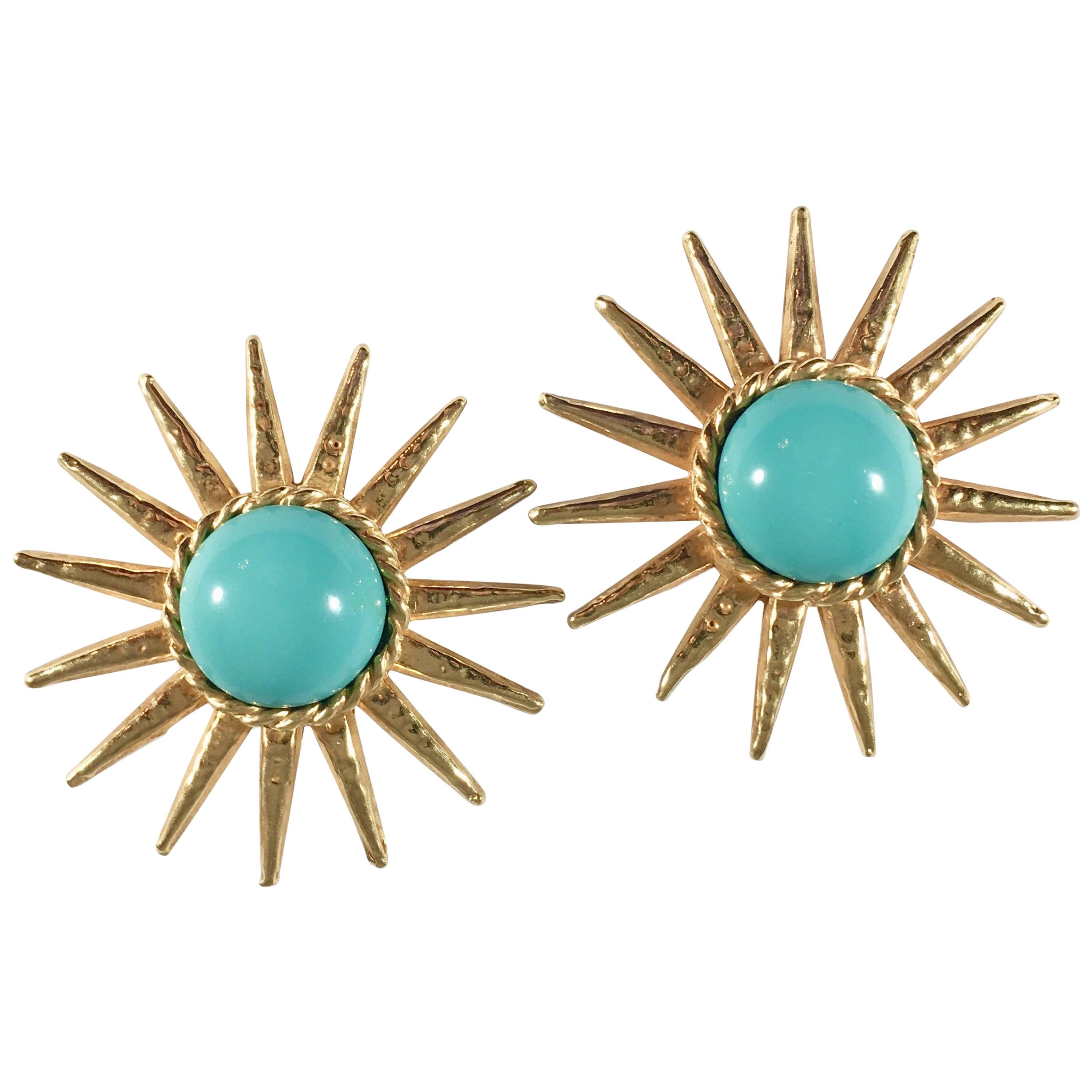 Phillipe Ferrandis Star Earrings with Turquoise Centers, 1990s For Sale