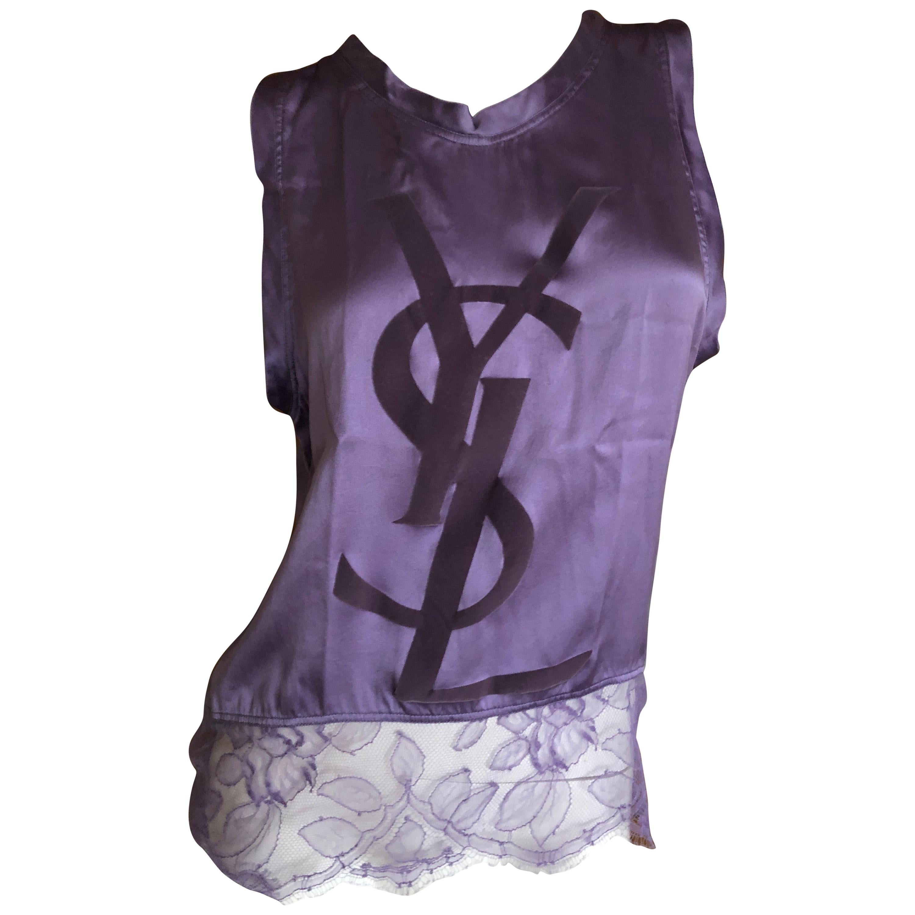 Yves Saint Laurent Vintage Purple Silk Lace Trim Cassandra Logo Camisole Top For Sale