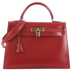 Hermes Kelly Handbag Rouge Vif Box Calf with Gold Hardware 32