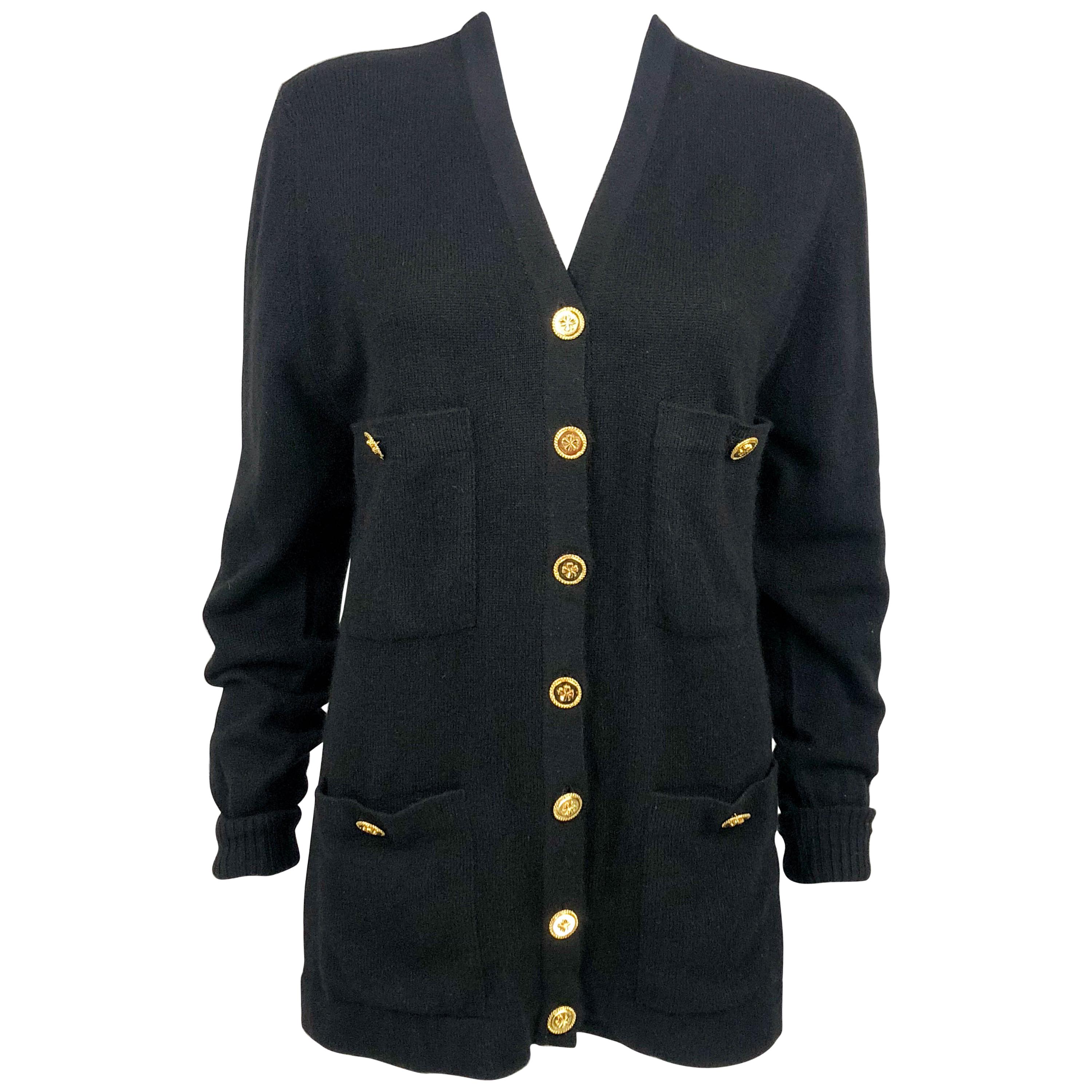1990's Chanel Black Cashmere Cardigan With Gilt Buttons