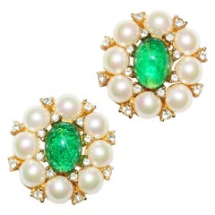 1960s Christian Dior Poured Glass Emerald and Faux Pearl Earrings