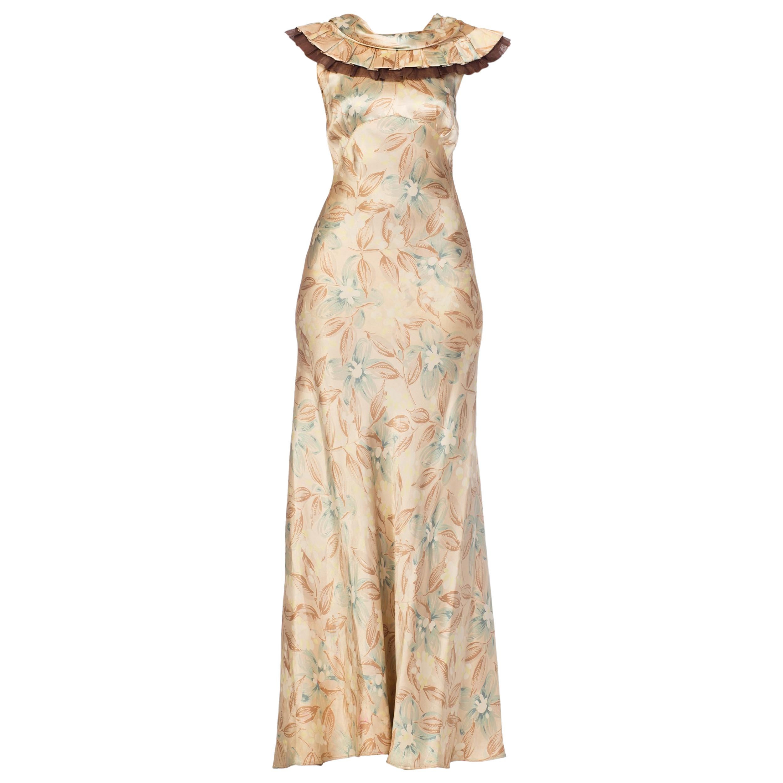 1930s Bias Cut Floral Satin Gown With Silk Ruffles 