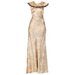 1930s Bias Cut Floral Satin Gown With Silk Ruffles