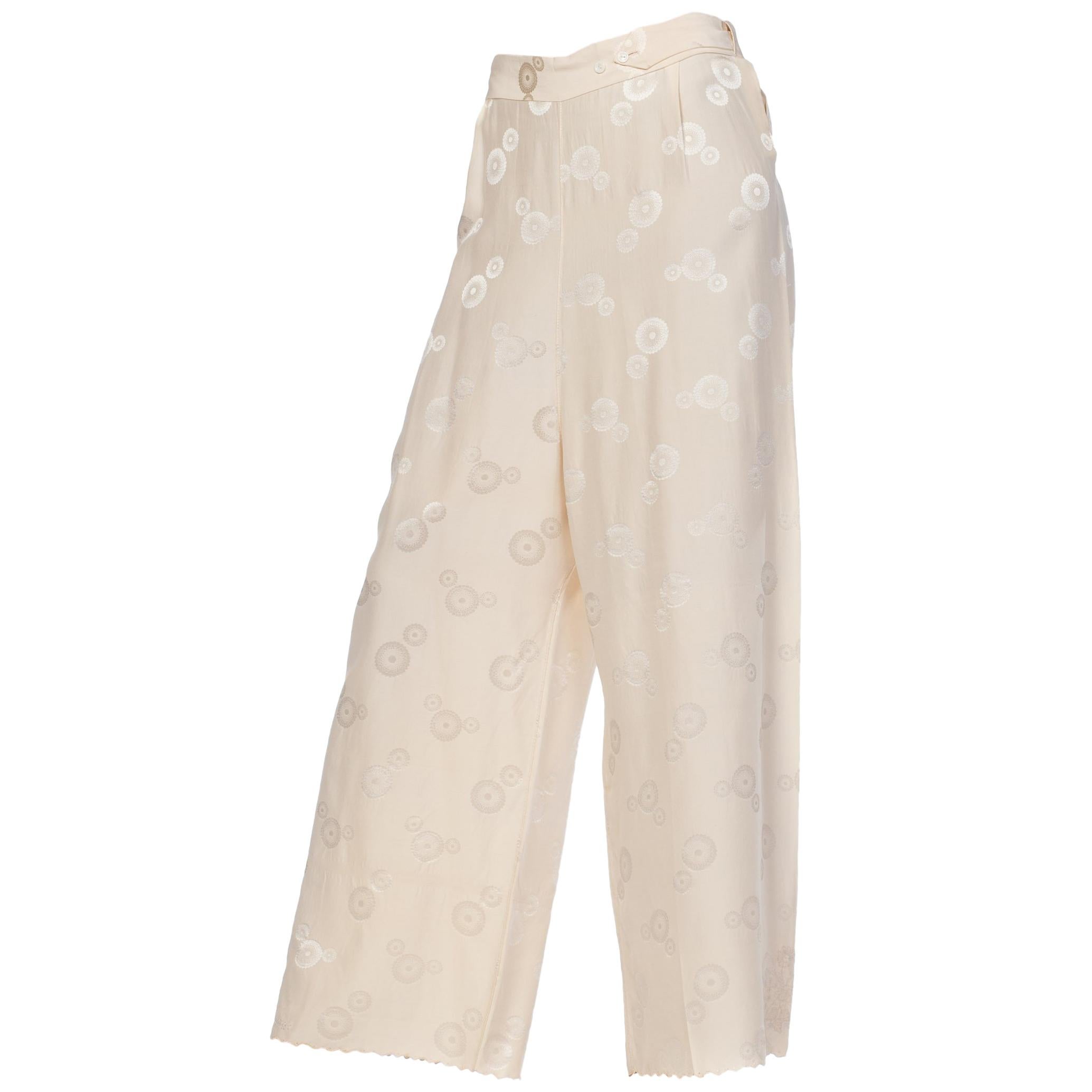 1930S Cream Haute Couture Silk Jaquard Chinese Lounge Pants