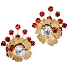 1950s Miriam Haskell Red Rhinestone Sunburst Floral Earrings