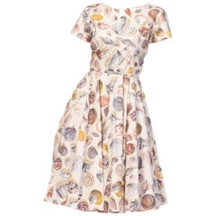 1950er Fit & Flare Baumwoll-Kreisrock-Muschel-SeaShore-Kleid