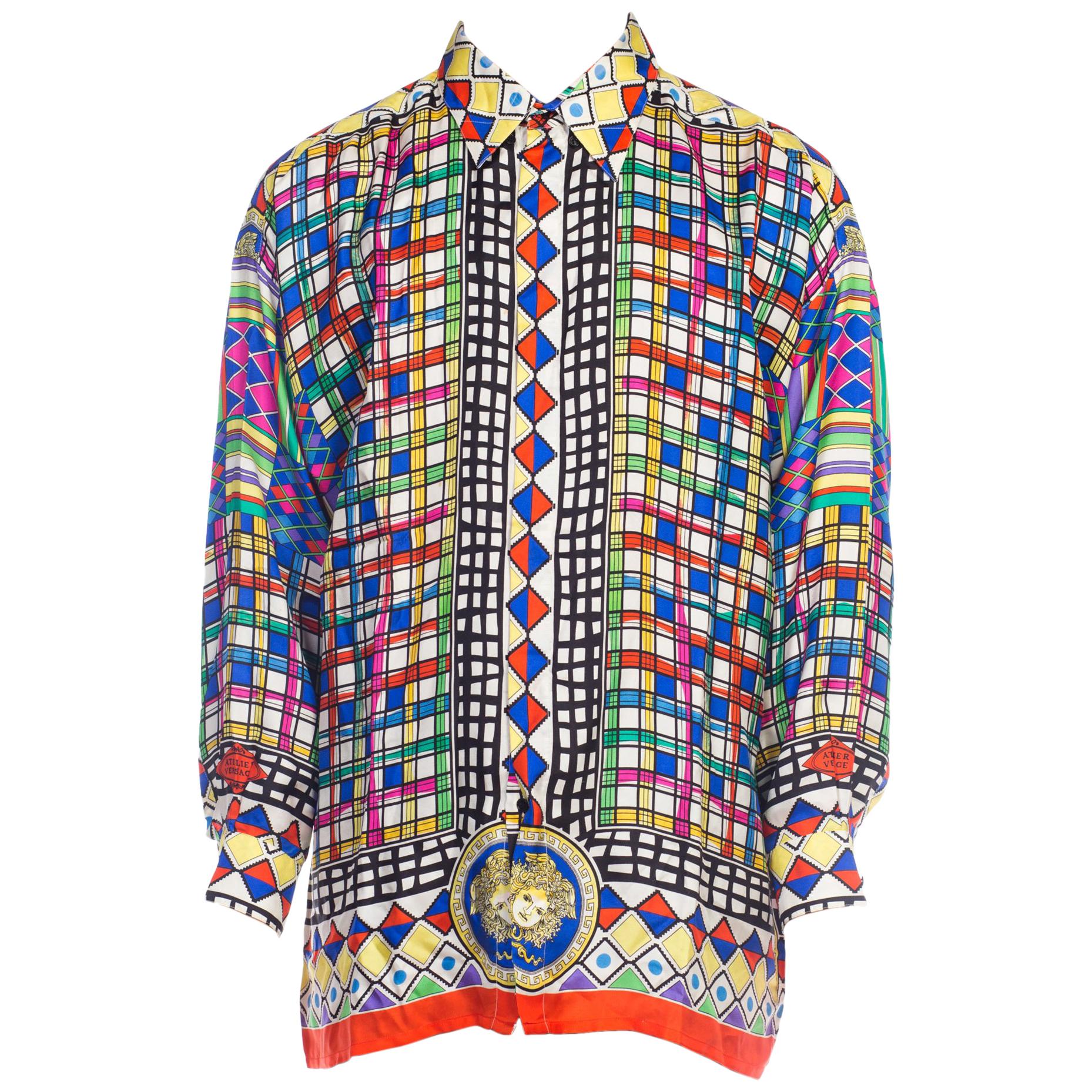 1990S GIANNI VERSACE Multicolor Geometric Silk Men's Shirt Sz 50 For Sale