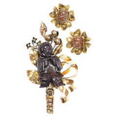 1940s Hobe Sterling Vermeil Carved Wood Chinese Figural Demi Parure