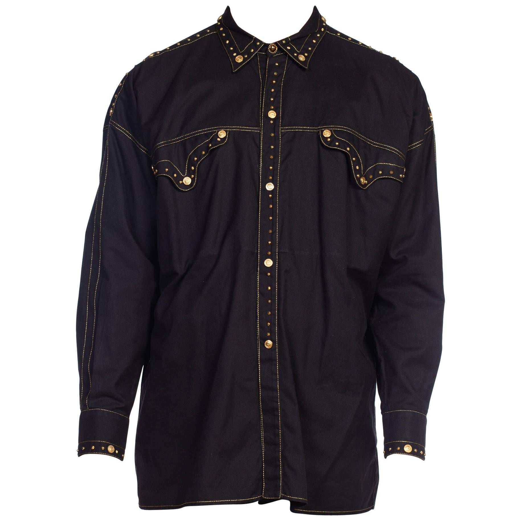 1990S GIANNI VERSACE Men's Shirt With Gold Medusa Studs & Metallic Embroidery