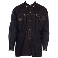 Vintage 1990S GIANNI VERSACE Men's Shirt With Gold Medusa Studs & Metallic Embroidery