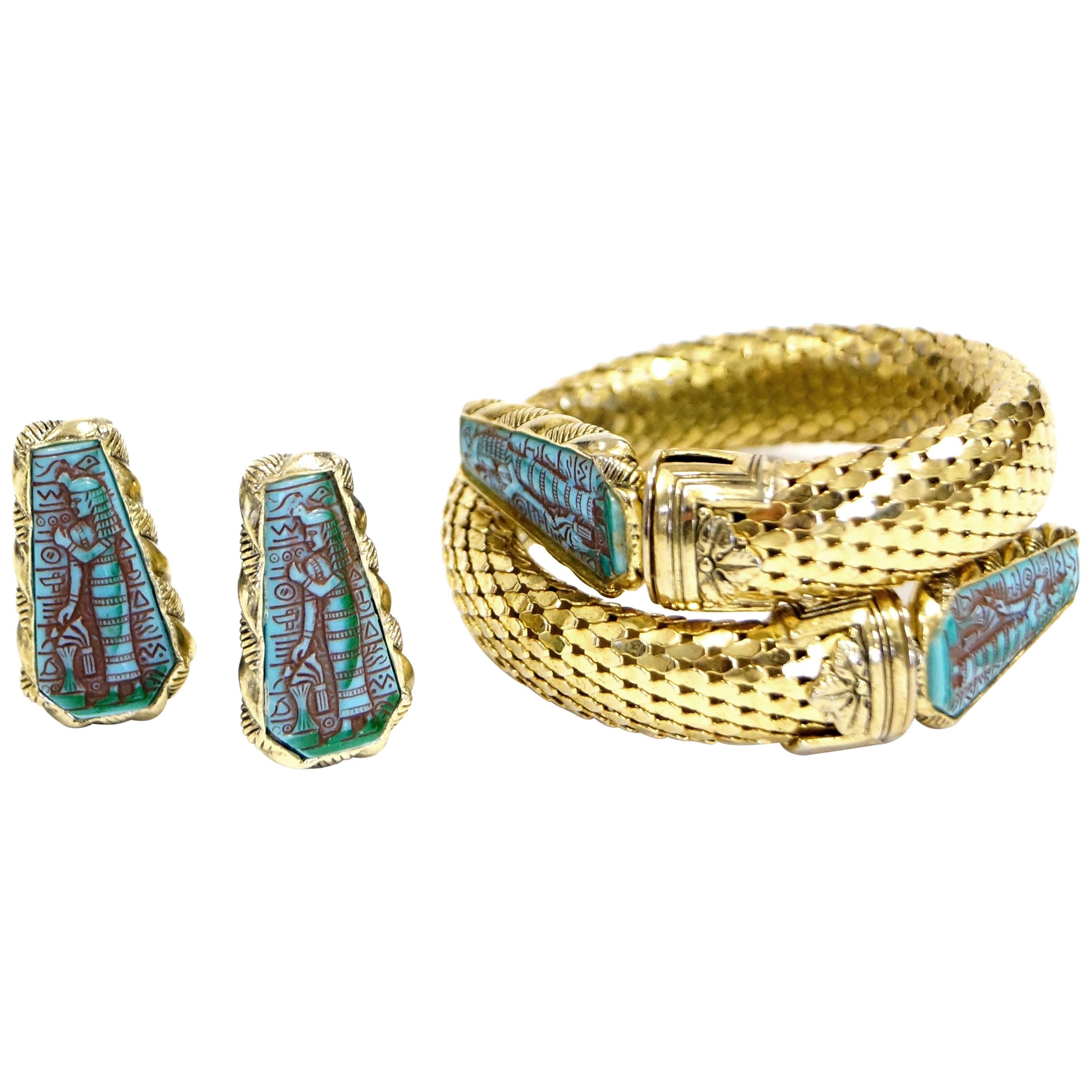1970s Whiting & Davis Egyptian Revival Pharaoh Bracelet and Earrings For Sale