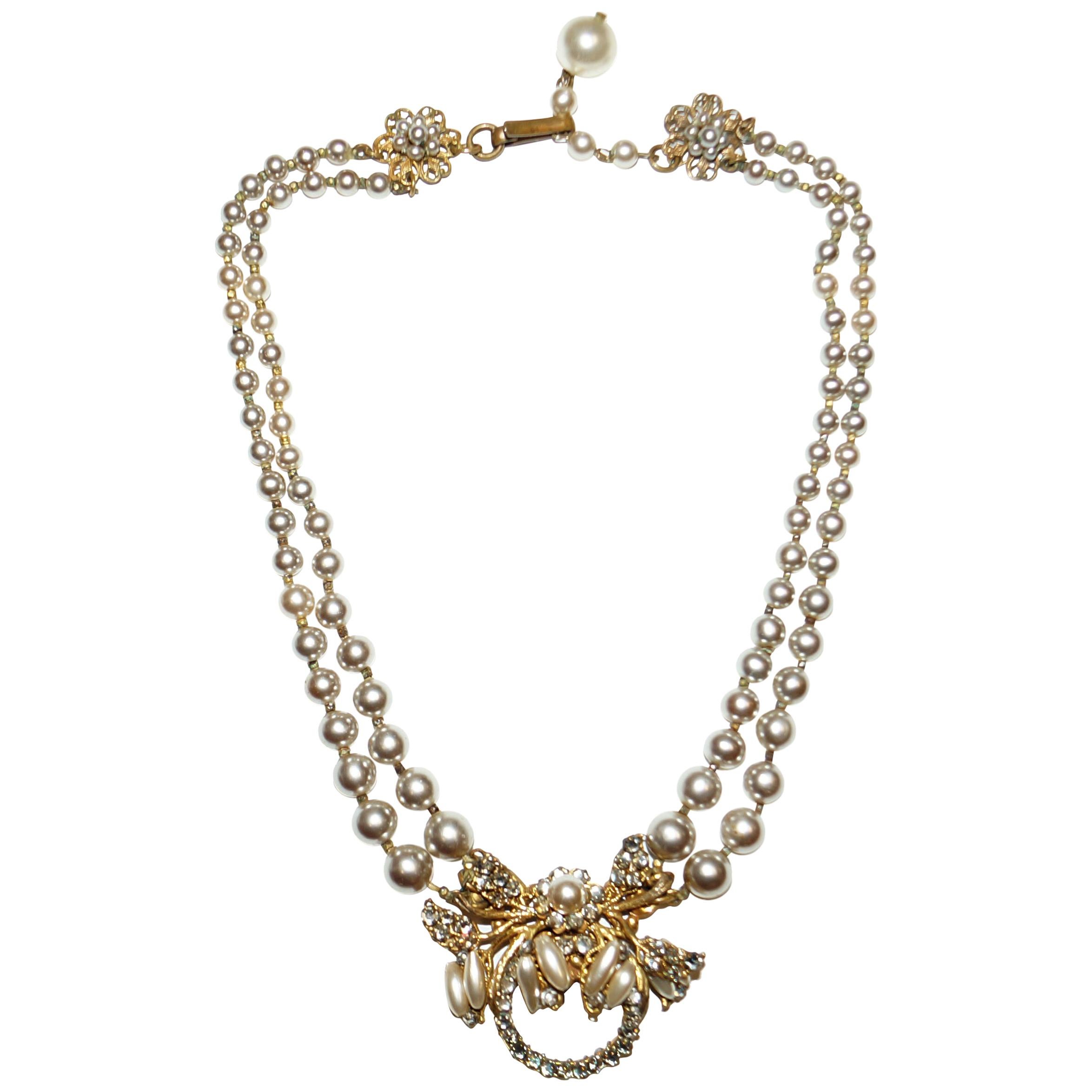 1950s Miriam Haskell Rhinestone and Faux Pearl Wreath Choker