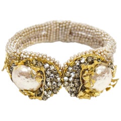 1950s Miriam Haskell Baroque Pearl & Rhinestone Floral Cuff Bracelet