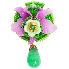 Retro 1960s Stanley Hagler Pink and Green Poured Glass Floral Dangle Brooch 