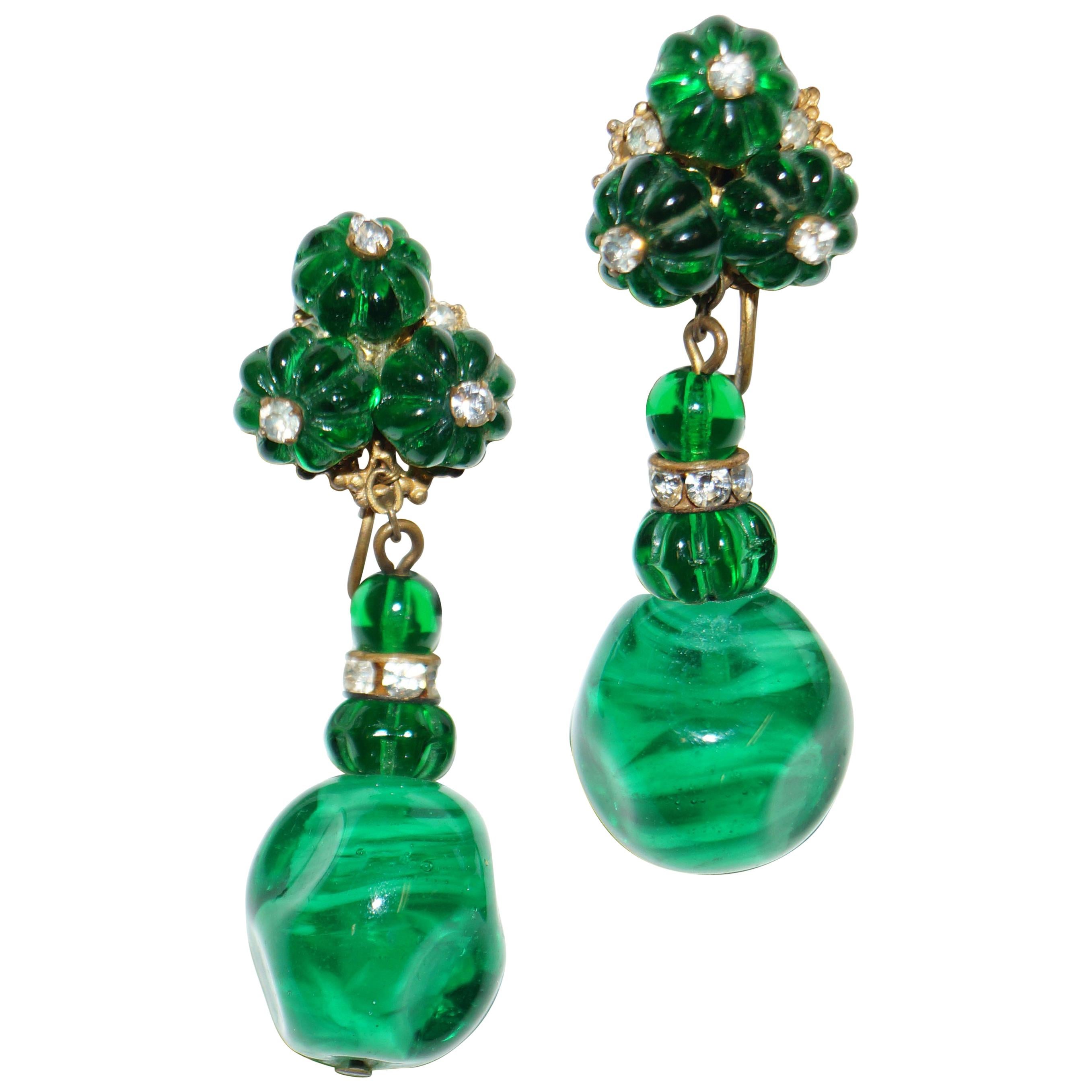 1950s Miriam Haskell Emerald Green Poured Glass and Rhinestone  Drop Earrings