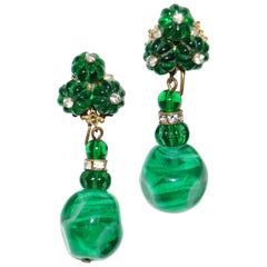 Vintage 1950s Miriam Haskell Emerald Green Poured Glass and Rhinestone  Drop Earrings