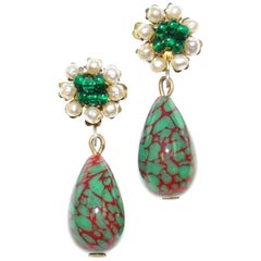 Vintage 1950s Miriam Haskell Green and Red Poured Glass and Pearl Drop Earrings