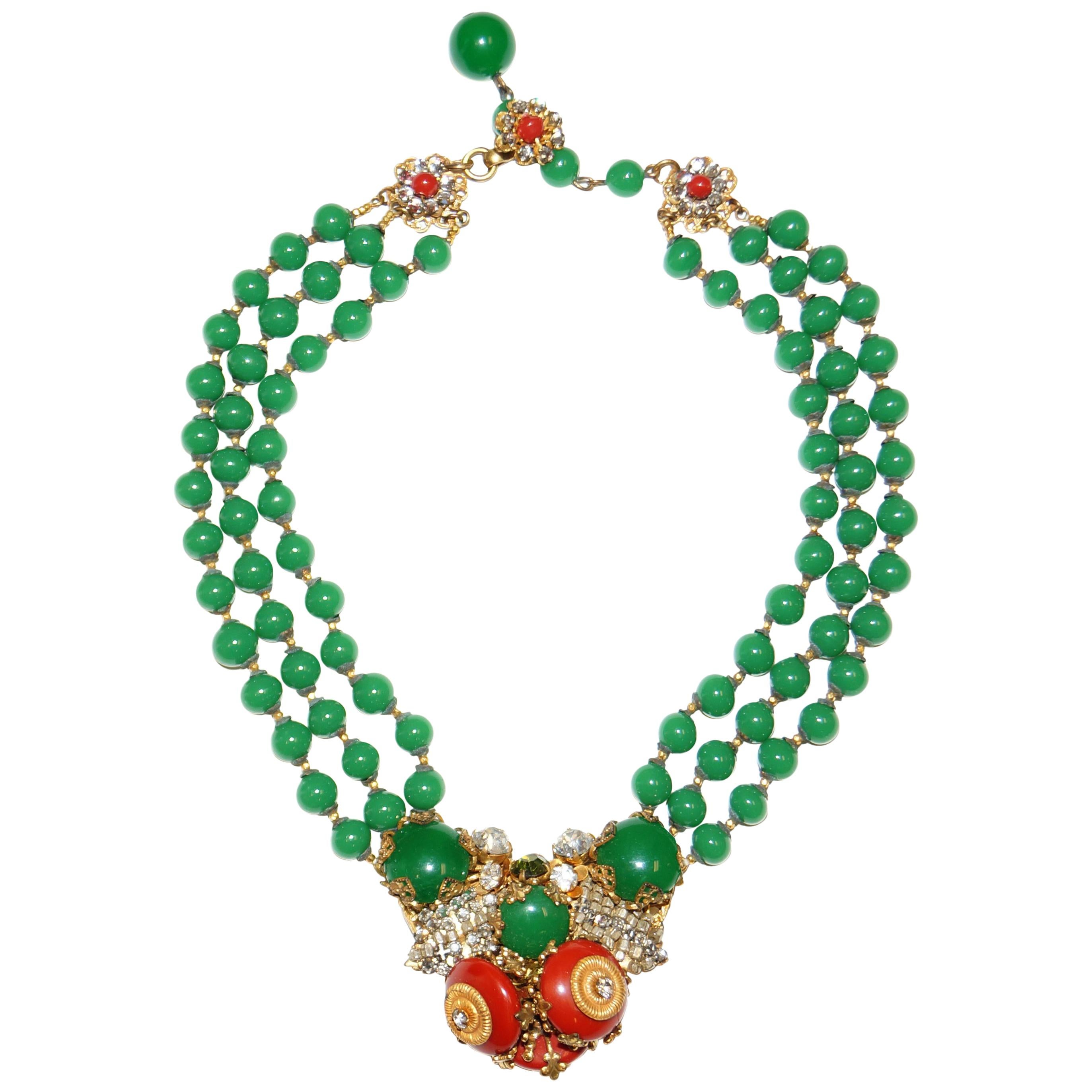 1950s Miriam Haskell Green and Umber Glass and Rhinestone Floral Choker