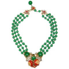 1950s Miriam Haskell Green and Umber Glass and Rhinestone Floral Choker