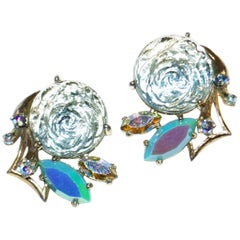 Vintage 1950s Elsa Schiaparelli Iridescent Blue Art Glass Rose and Rhinestone Earrings
