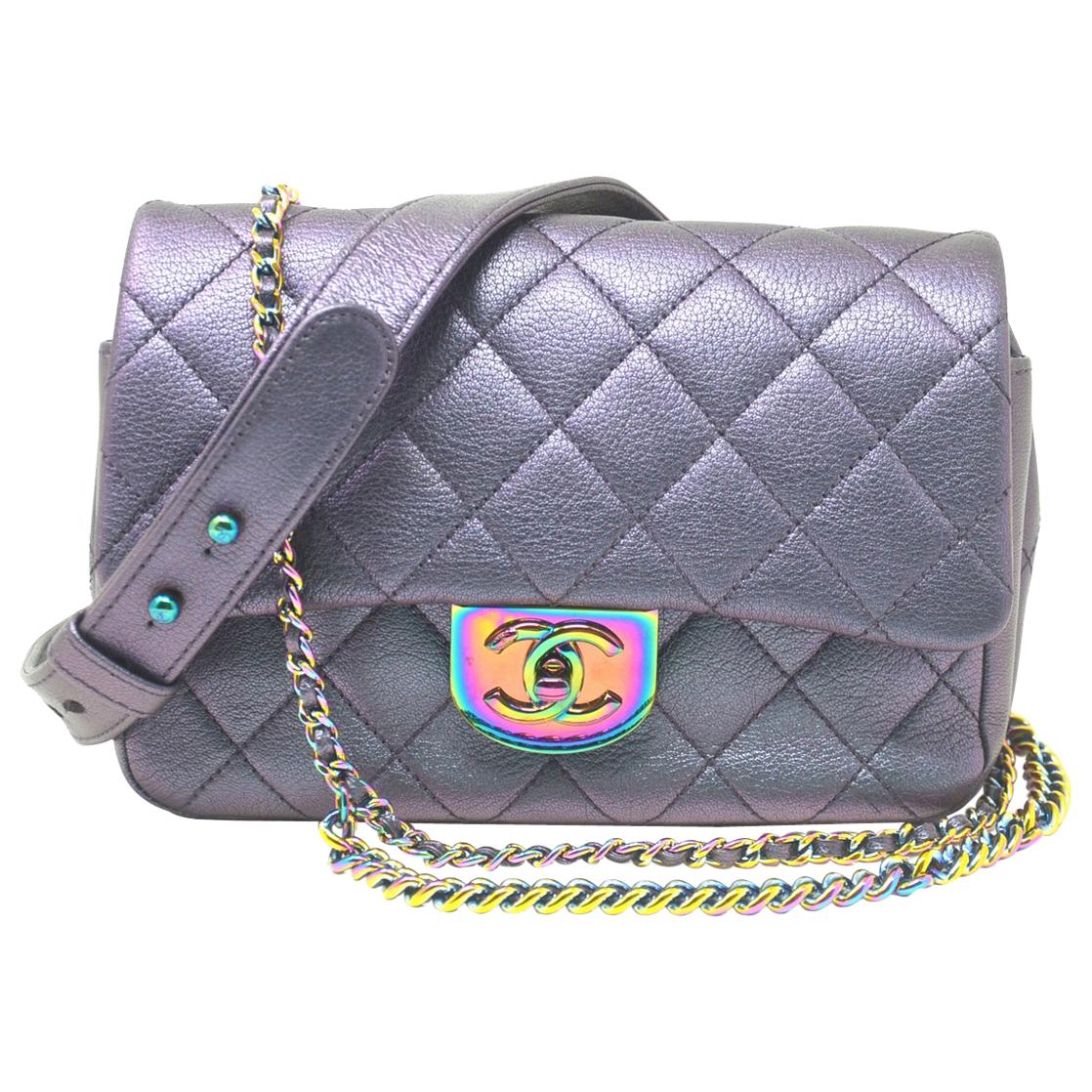 Chanel Iridescent Quilted Small Double Carry Waist Chain Flap Purple Handbag