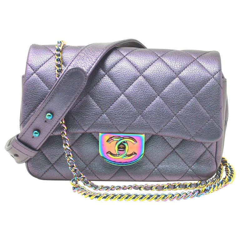 Chanel Iridescent Quilted Small Double Carry Waist Chain Flap Purple Handbag