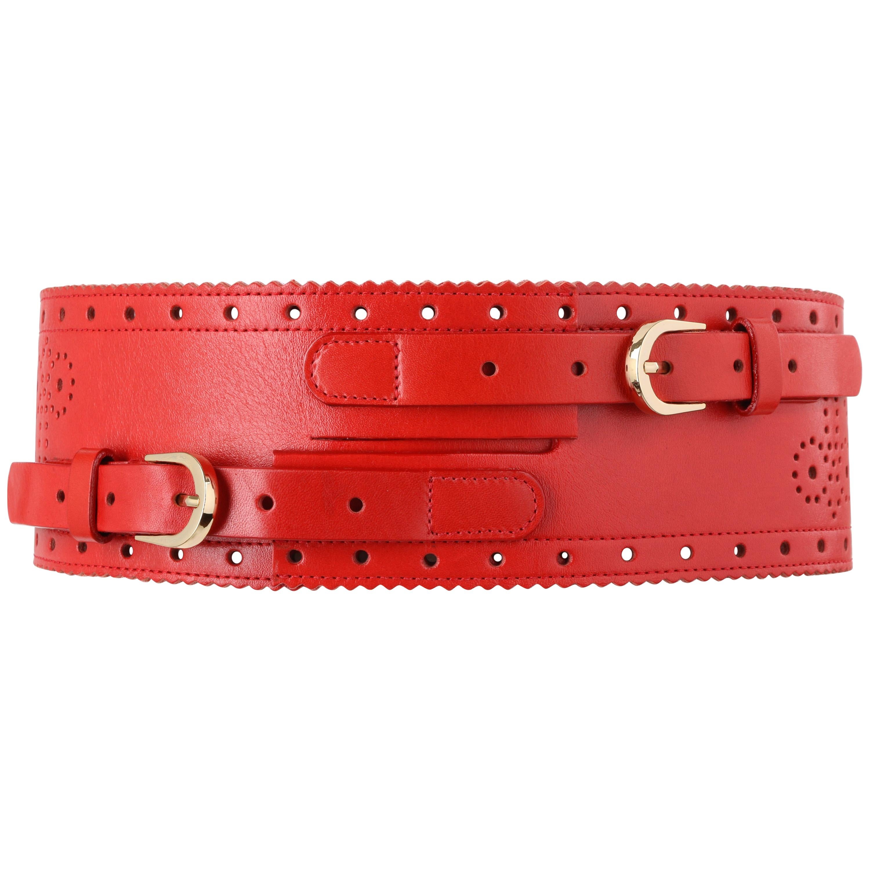 OSCAR DE LA RENTA S/S 2011 Red Perforated Leather Dual Buckle Waist Belt