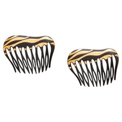 Vintage Angela Cummings Tiffany & Co. Damascene Lacquered Iron Gold Hair Combs, 1970's