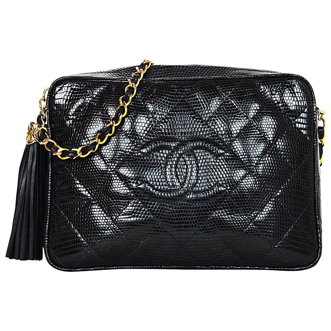 Chanel Vintage '89-'91 Navy Lizard Quilted CC Camera Crossbody Bag w.  Tassel For Sale at 1stDibs