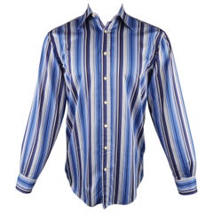 Vintage ETRO Size S Blue Striped Cotton Dress Shirt