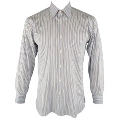 BRIONI Size L Light Blue Stripe Cotton Long Sleeve Shirt