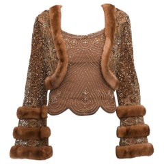 Reem Acra light Brown Beaded Tank and Mink Trim Crop Jacket - 2