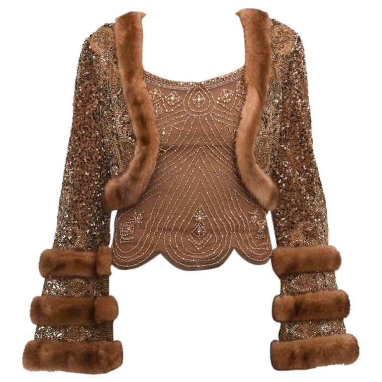 Reem Acra light Brown Beaded Tank and Mink Trim Crop Jacket - 2 at 1stDibs