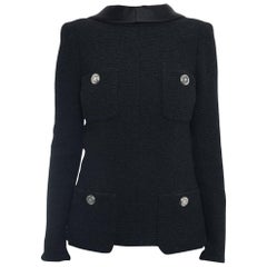 Chanel 17S Black Tweed Jacket with V Back and Satin Collar - 6 at 1stDibs