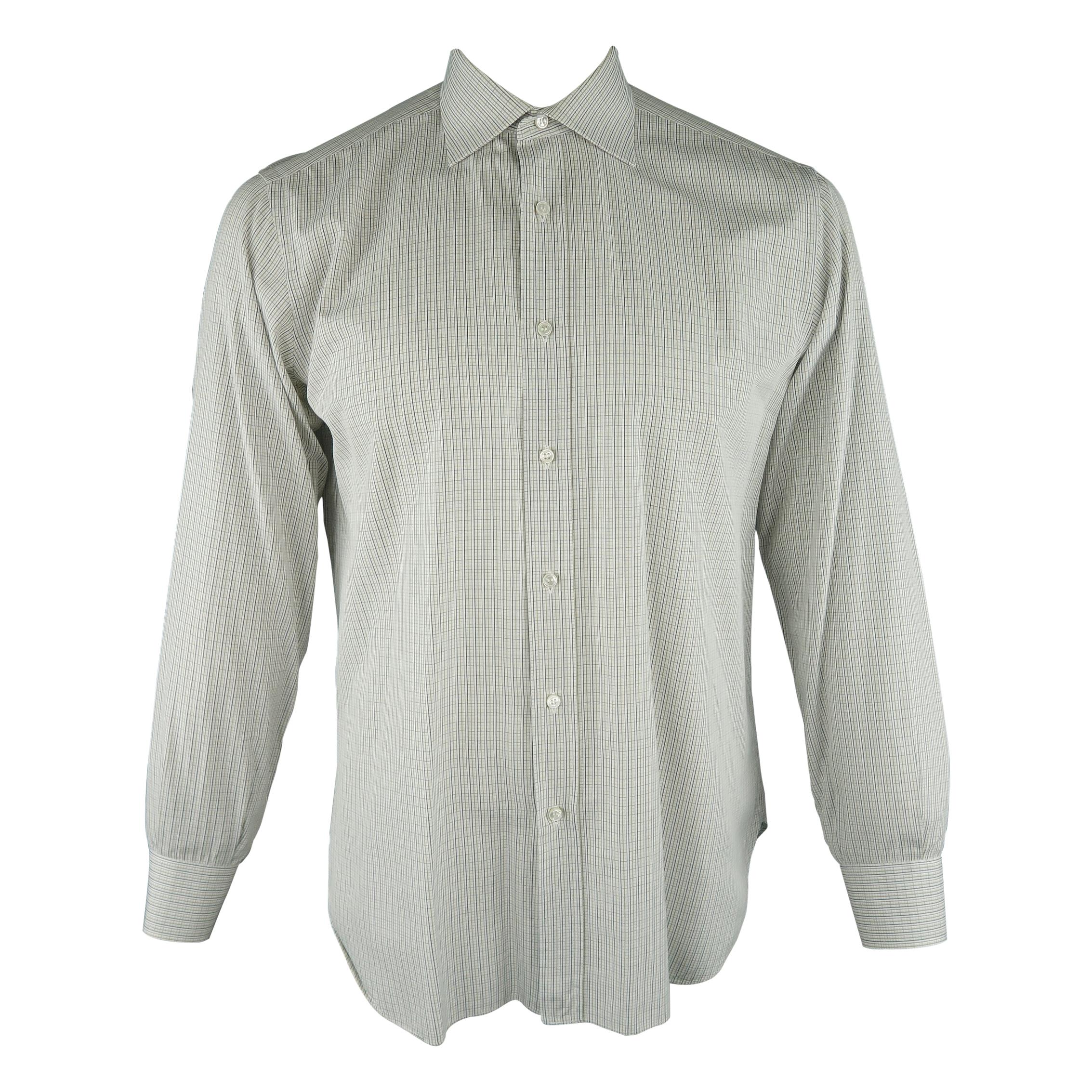 BRIONI Size L White Window Pane Cotton Dress Shirt