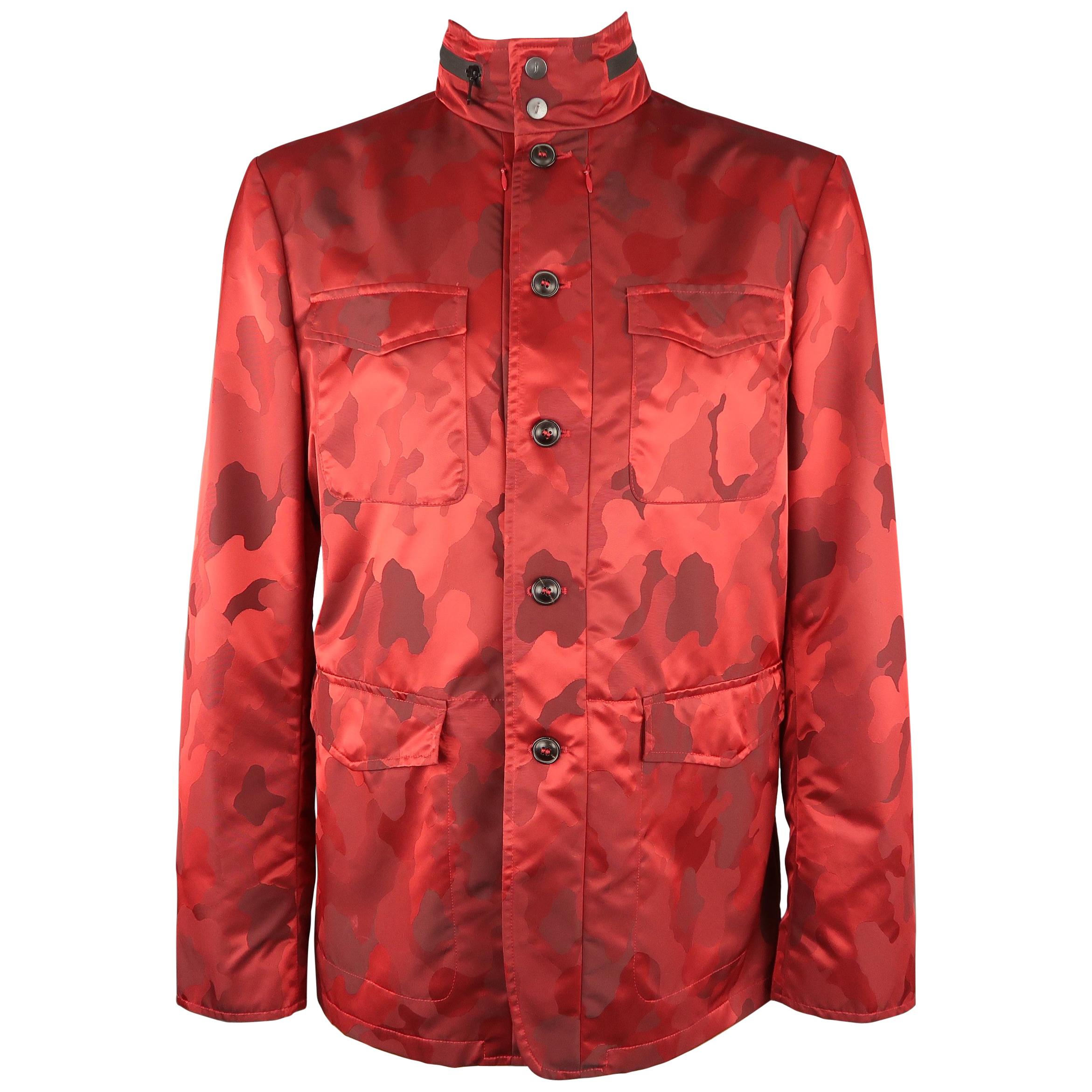 JOHN VARVATOS 44 Red Camouflage Jacquard Zip Hood Collar Jacket