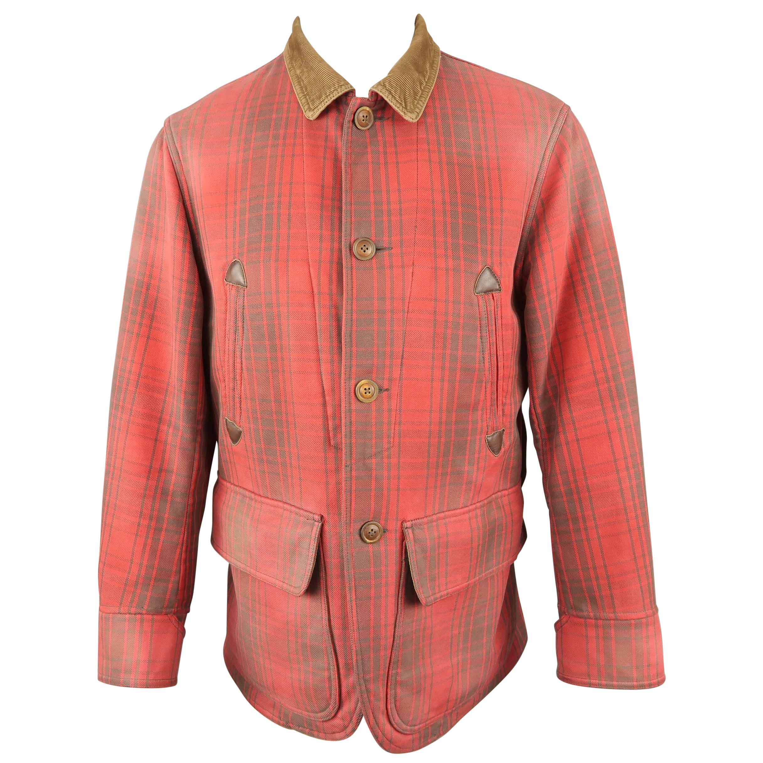 RRL by RALPH LAUREN M Washed Red & Brown Plaid Cotton Corduroy Chore Jacket