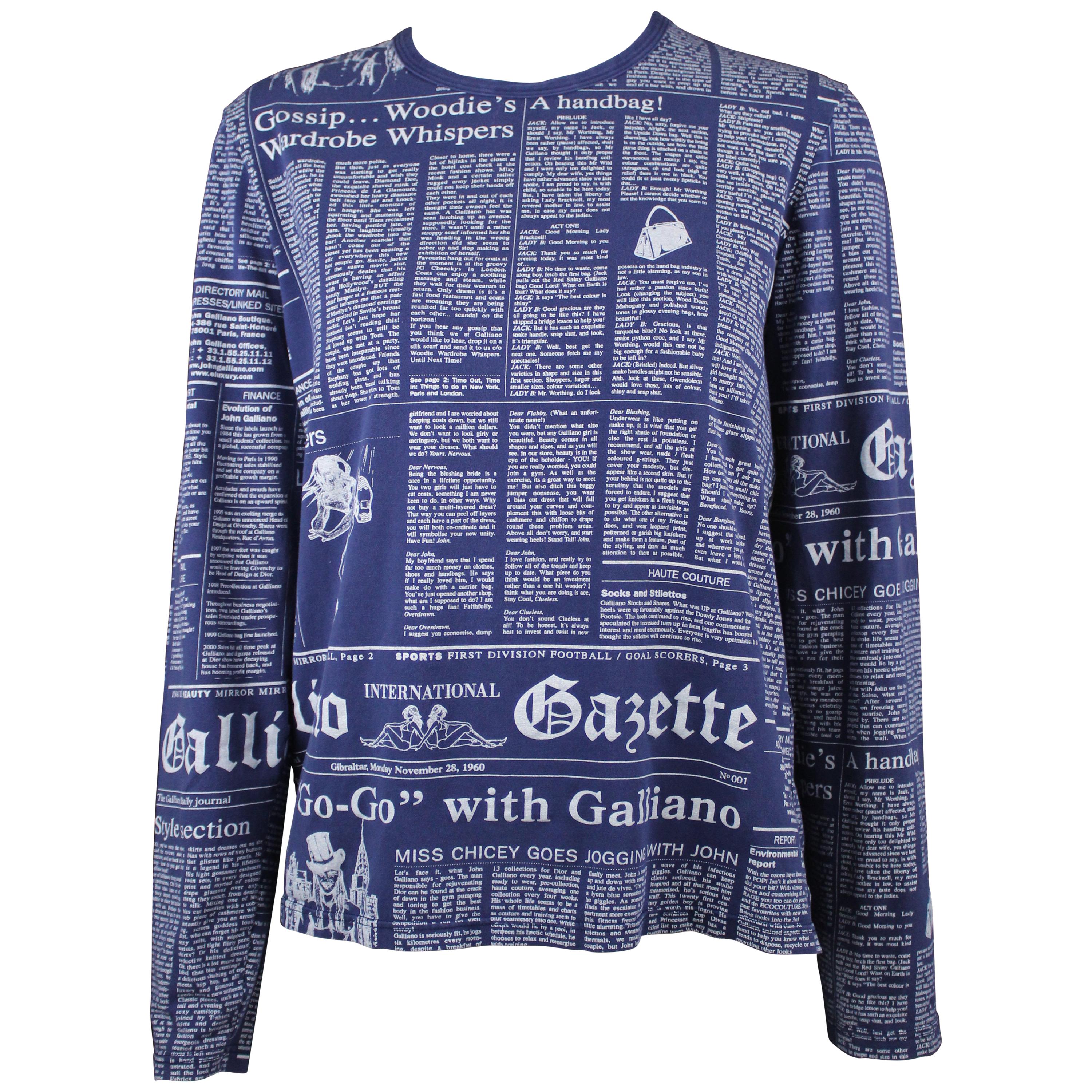 John Galliano Blue Gazette Print Long Sleeve Shirt, c. 2011, Size S
