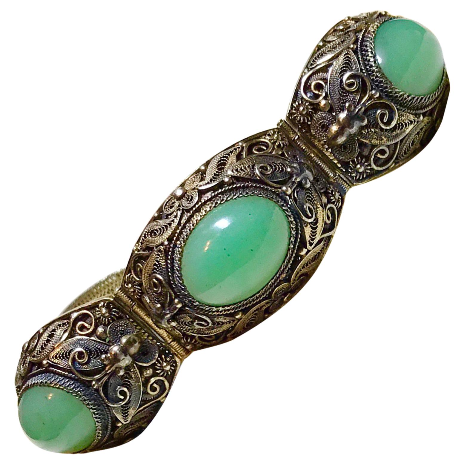 Mid-Century Chinese Gilt Sterling and Jade Bracelet For Sale