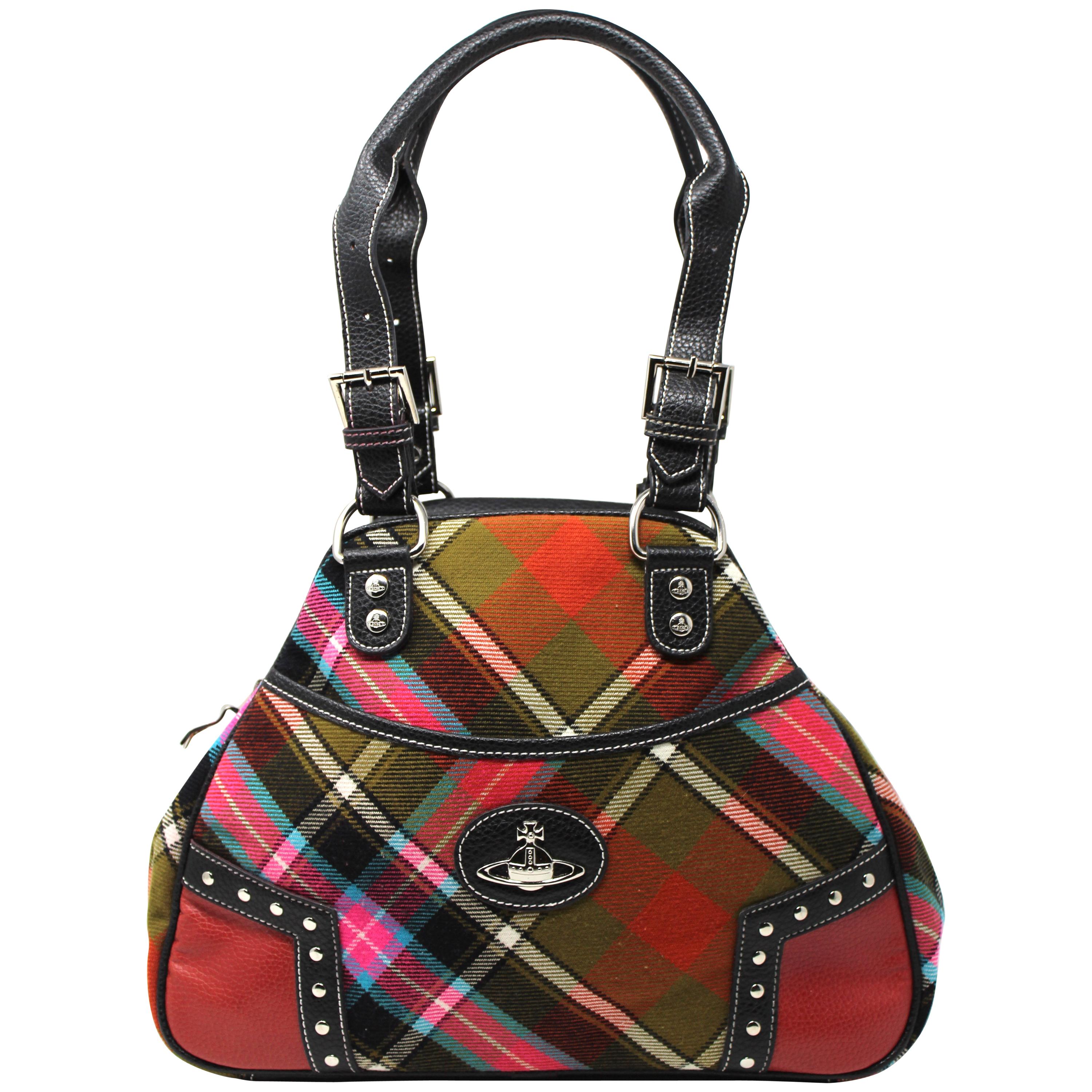 Vivienne Westwood Orange & Pink Tartan Bag with Studs and Charm For Sale
