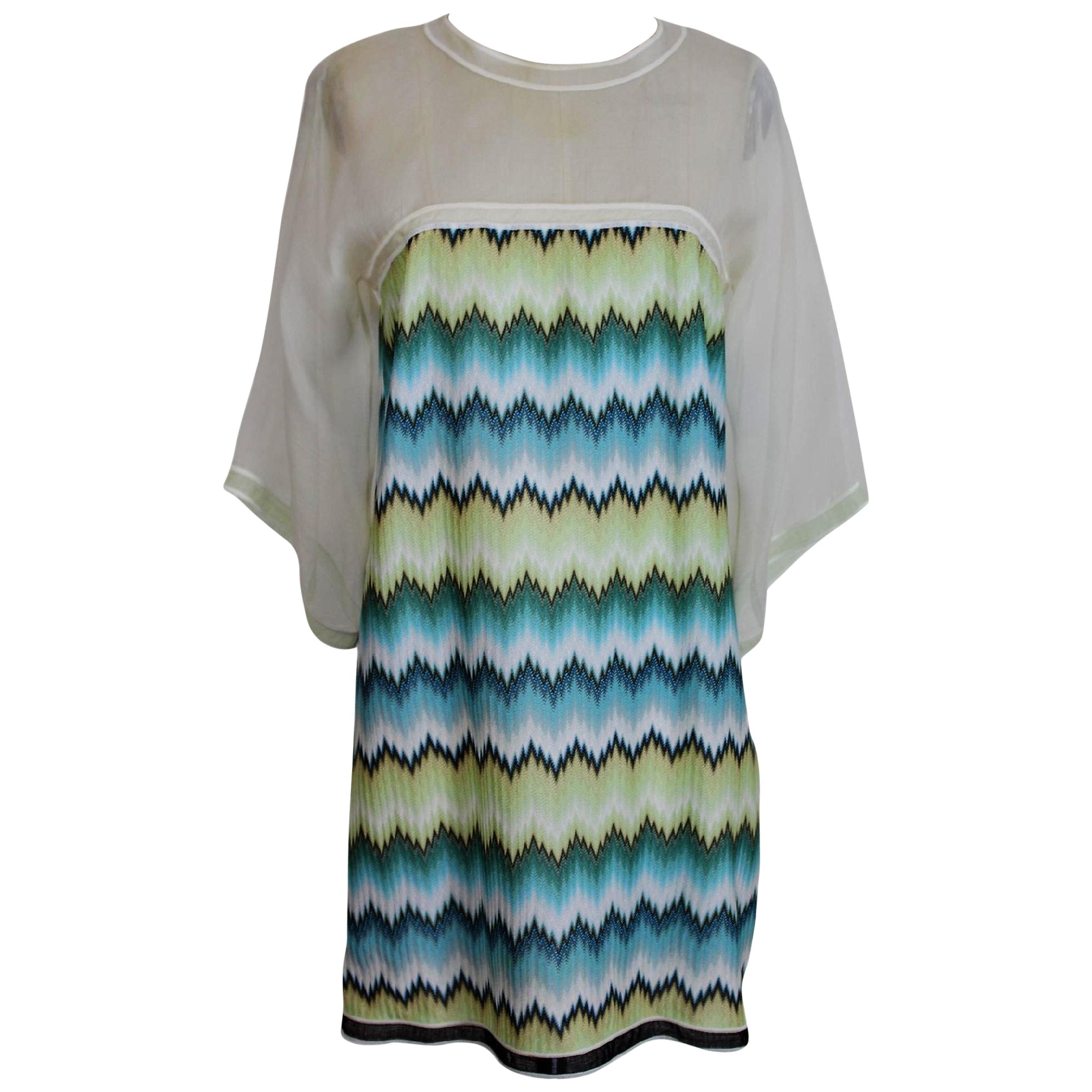 2000s Missoni Beige Blue Silk Cocktail Dress