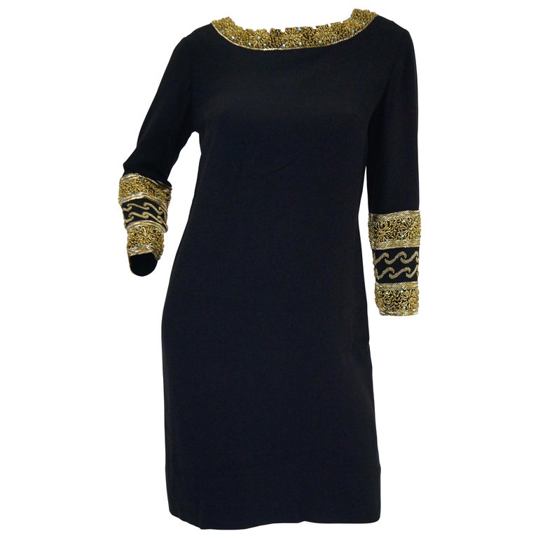 1960s Maisonette Silk Cocktail Dress w/ Gold Bead and Blue Rhinestone ...