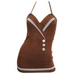 Vintage 1950s Chocolate Brown Faux Wrap One Piece Sweetheart Swimsuit