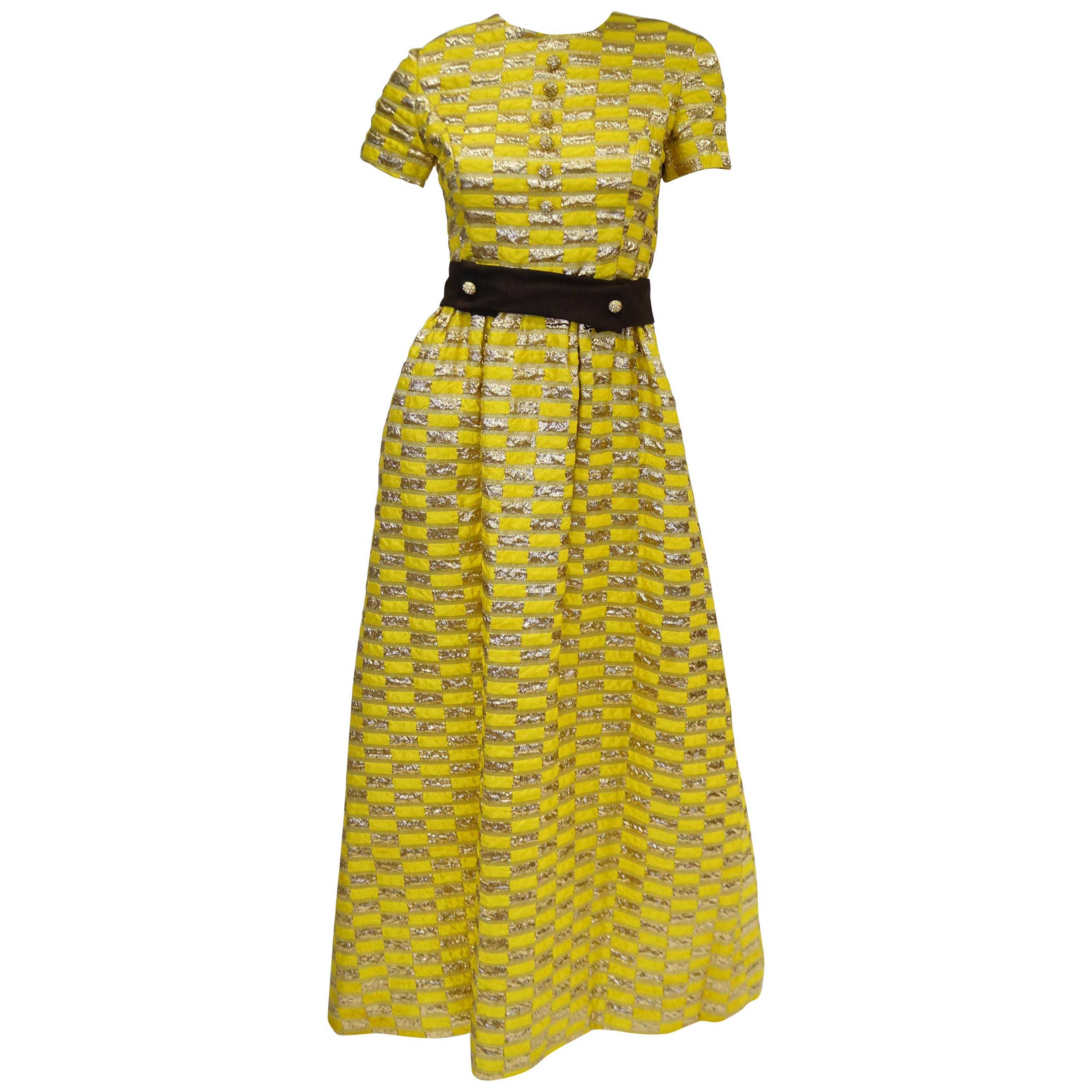 1960s Oscar de la Renta Yellow and Gold Checkerboard Print Evening Dress