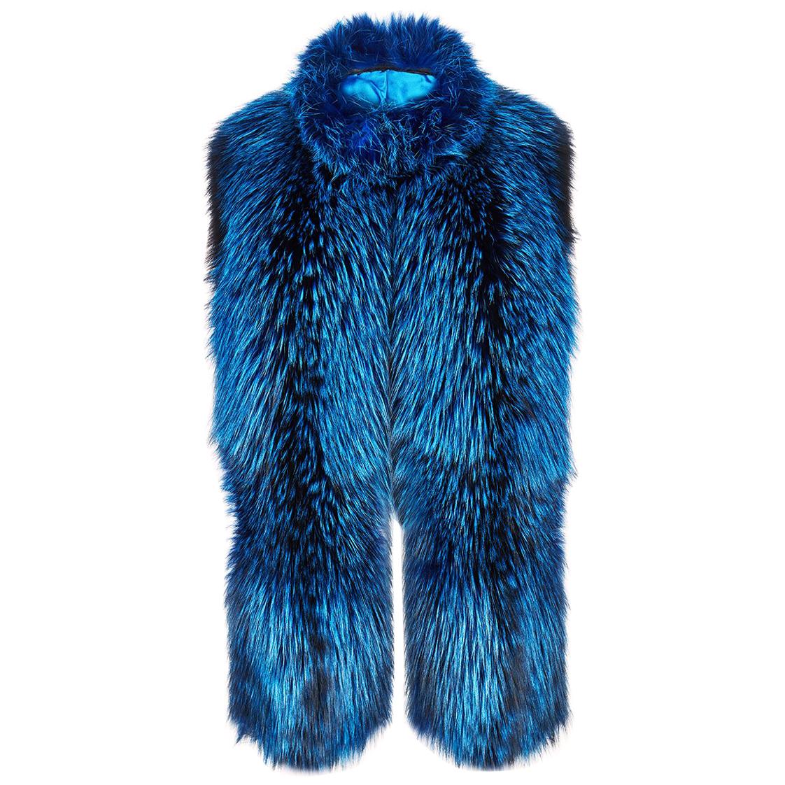 Verheyen London Nehru Collar Stole  in Lapis Blue Fox Fur & Silk Lining